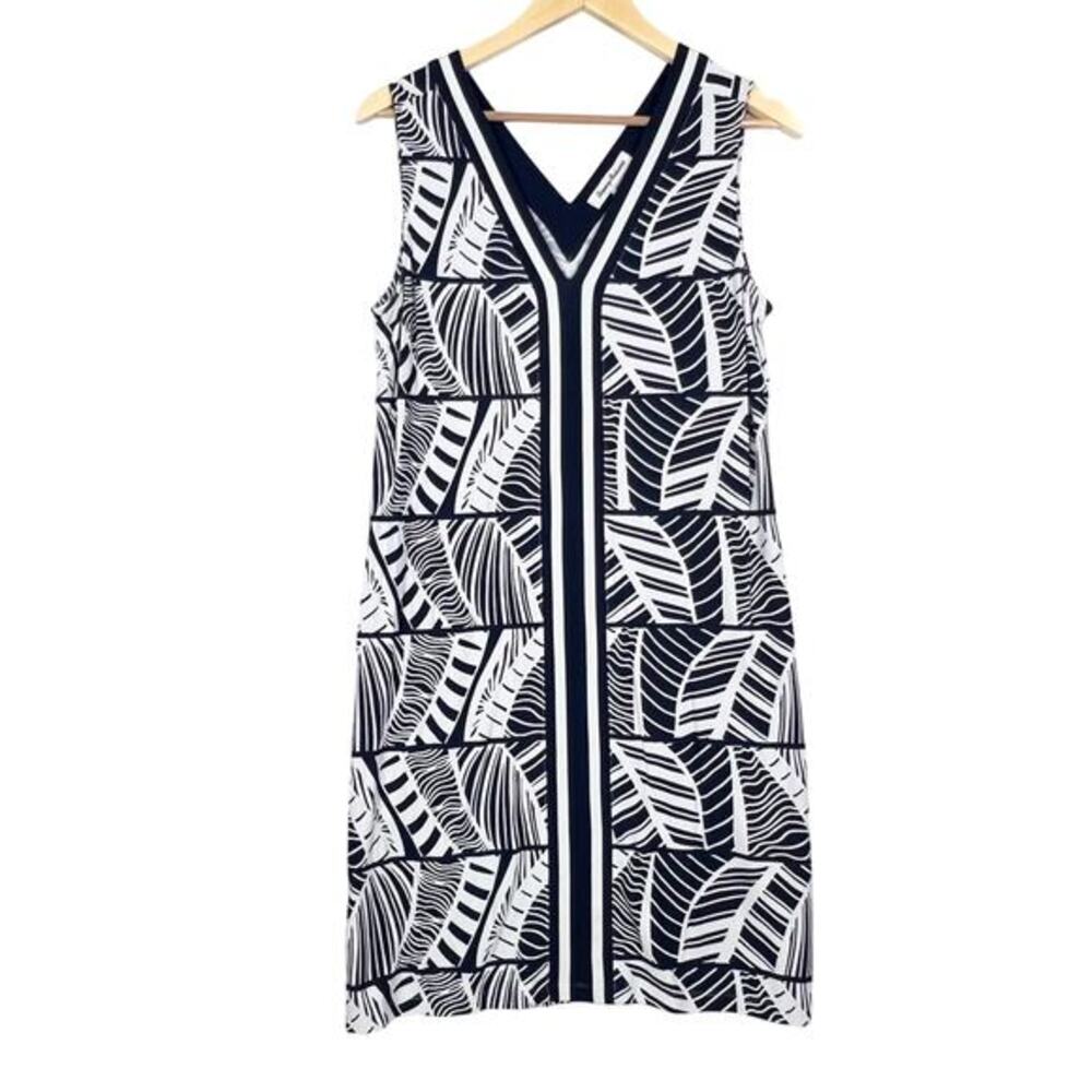 TOMMY BAHAMA Navy Print Leaf‎ Line Tambour V Neck Casual Shift Dress Medium